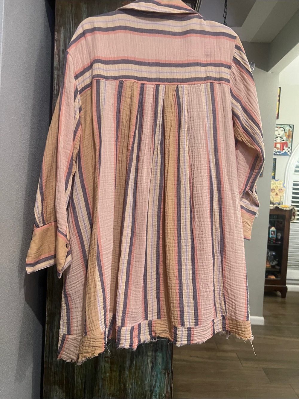 Striped Lightweight Button-Up Mini Dress - Peach Multi , Free People - Picture 4 of 5